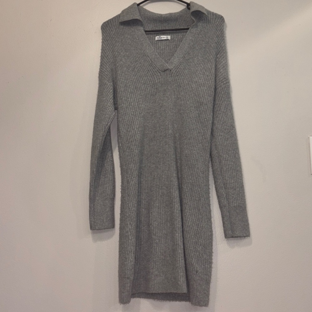 Hollister Light Gray V-Neck Collared Sweater Dress